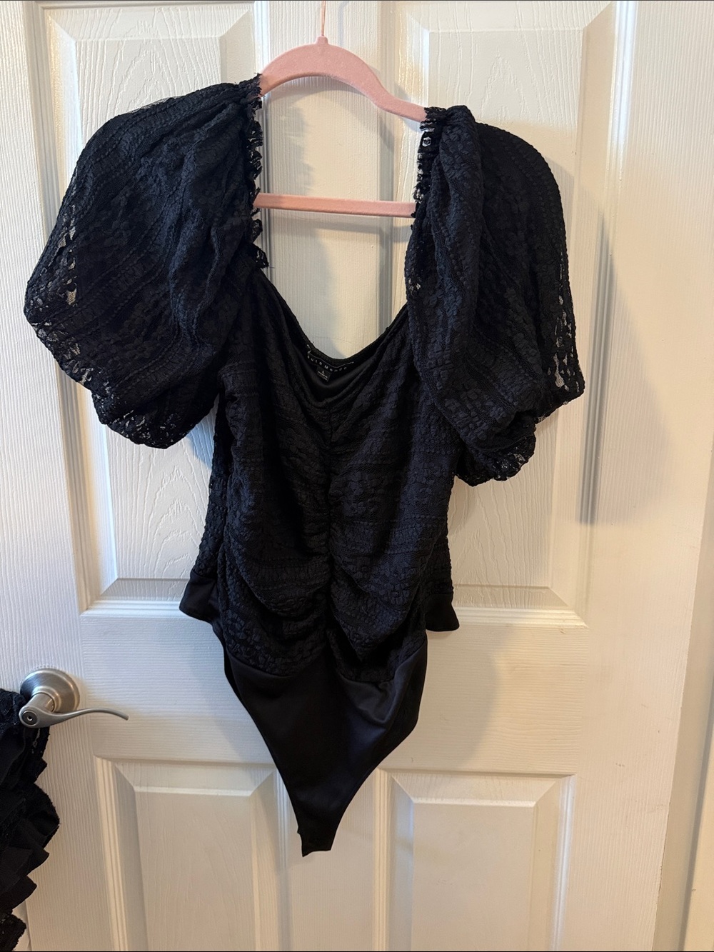 Haute Monde Black Lace Puff-Sleeve Bodysuit with Scoop Neck